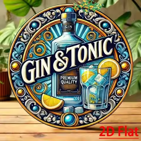 Retro 8 Inch Round Metal Wall Sign Vintage Bar Decor Aluminum Gin & Tonic Pub Cafe Art Deco Art