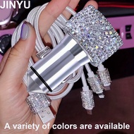 JINYU Bling USB Car Charger 5V/3.1A White Crystal Trim Two-port Fast Adapter With 3.9ft Nylon Type C