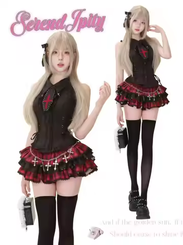 Japanese Dark Academia Gothic 2 Piece Set Women Slim Sleeveless Top + Plaid Cake Skirt New Vintage F