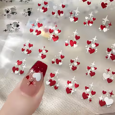 3D Valentine' s Day Love Heart Nail Art Sticker Red White Cross Stars Self-Adhesive Nail Decals 8*10