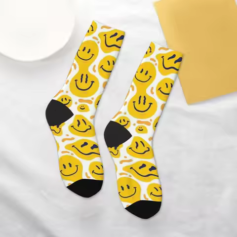 1 Pair All-Season Crew Socks，Smiley Face Pattern Print Polyester, Breathable Stocking for Casual Spo
