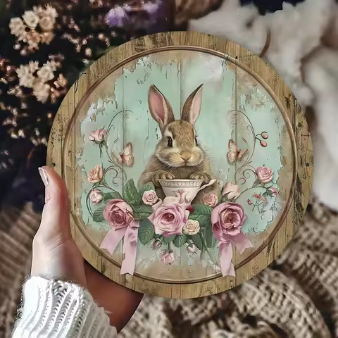 1 Vintage Wooden Disc Positive Bunny Teacups Elegant Art Wall Decor Bar Cafe Beach House and Backyar