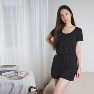 ADOREABLE Women's Korean Short sleeve Round Neck shorts jumpsuit  Rayon span Blended Black