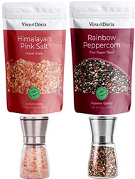 Viva Doria Rainbow Peppercorn Blend (Whole Black, White, Green and Pink Peppercorn) 12 oz and Himalayan Pink Salt (Coarse Grain) 2 lbs + Set of 2 Premium Stainless Steel Salt &amp; Pepper Grinders