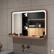 Toilet Mirror With Shelf Bathroom Hanging Mirror Wall Mirror Toilet Storage Cabinet Solid Wood Led Inligent Soft Light Eye Protection Light Source Upgrade 2 dian 镜子化妆