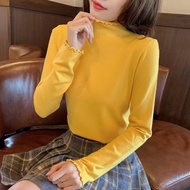 JX FASHION เสื้อยืดแขนยาวผู้หญิง สีพื้น คอเต่า ทรงรัดรูป ผ้ายืด เนื้อผ้านิ่ม สวมใส่สบาย