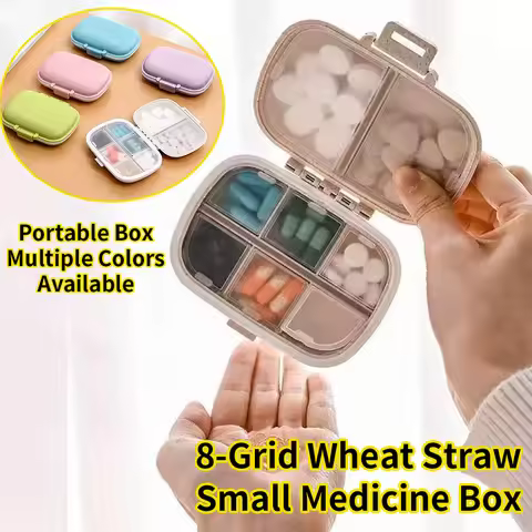 Portable 8-Grid Pill Organizer, Wheat Straw Small Pill Box, Travel Pill Case with Seal Design, Daily