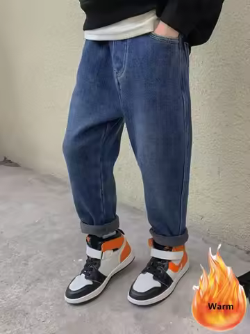 Winter Velvet Lined Boys Jeans Pants Elastic High Waist Warm Kids Vaqueros Pantalones Vintage Thick 