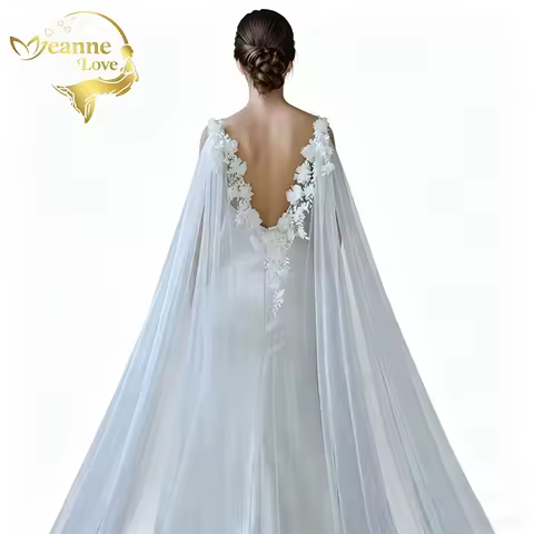 Jeanne Love 3D Flower Pearl Bridal Cape Veil Detachable Shoulder Cape Long Cathedral Wedding Veil Ca