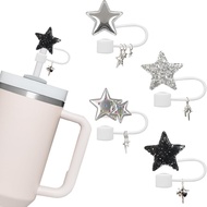 4 Pcs Silicone Straw Cover Compatible with Stanley Cup Y2K Glitter Black Silver Star Straw Topper Co