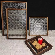 Begonia Flower Glass Tray Household Wooden Snack Cup Tray Tea Tray Rectangular Walnut Color Plate