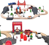 70PCS Wooden Train Set with Battery Locomotive Train Fits Thomas, Brio, Chuggington, Melissa Wooden Train Tracks, Expandable Train Toys for 3+ Years Old Girls &amp; Boys