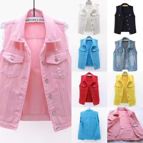 Multi-colour Denim Vest Jacket Women Short Waistcoat Oversize S-7XL Sleeveless Coat Lady Casual Top 