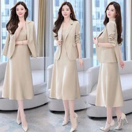 COD 2PCS [ Blazer + Dress ] Fashion Suit Plus Size Loose Set Blazer Office/Formal OL Wear Ladies Women Casual Jacket Coat + Elegant Long Dress JHSDFSSD