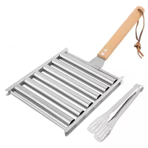 【A38M】Hot Dog Roller For Grill With Metal Spatula And Long Wooden Handle Stainless Steel Sausage Rol