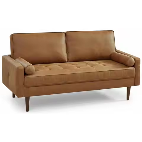 58 Loveseat Sofa Couch, Mid Century Modern Faux Leather Couch with HandSewn Deep Love Seat amp 2Pill