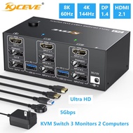 KVM Switch 3 Monitors 2 Computers, KCEVE USB 3.0 HDMI + DisplayPort Triple Monitor for 2 PC Share 3 