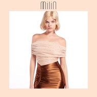 [MILIN] Ruched detailing Embellished ruched off-shoulder top เสื้อแต่งรูดปาดไหล่ตกแต่งด้วยคริสตัล / 