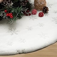 Pentasmile 36 Inch Christmas Tree Skirt White Faux Fur Silver Snowflake Xmas Tree Rug Skirts Decorations for 3FT 4FT 6 Foot Artificial Trees