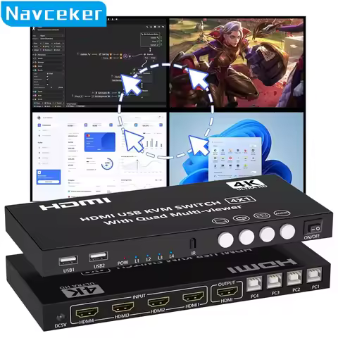 Navceker 4K HDMI KVM Switch 4x1 Quad Multi Viewer 4 in 1 Out KVM HDMI Screen Multiviewer Seamless fo