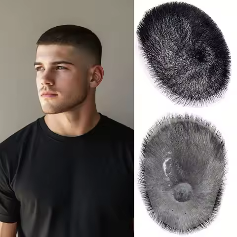 6*8 Inch Men's Short Buzz Cut Hair Thin Light 1B Color PU Men Toupee Transparent Scalp Human Hair To
