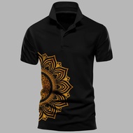 KAOS BATIK GOLD KUNING MOTIF DTF PRINT TERBARU BAJU KAOS COWO WARNA HITAM KERAH POLO KANCING LENGAN 