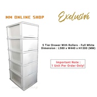 {EXCLUSIVE} Premium Quality 5 Tier Plastic Drawer / Cabinet / Storage Cabinet, With Rollers, Full White