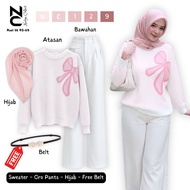 Pink Ribbon Sweater Set with White Pants and Navyn Collect Hijab - NC129