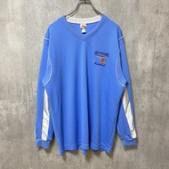 古著長袖籃球比賽 T 卹，帶有單一刺繡細節，淺藍色，V 領，超大廓形，XL 碼