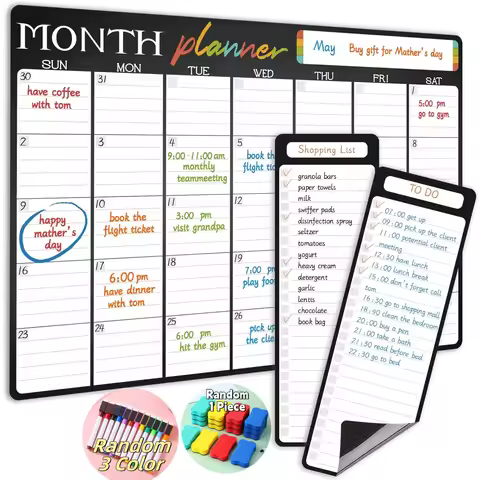 Magnetic Dry Erase Monthly Calendar - 17x12 Monthly Calendar Fridge - 4x12 List Board 3 Pcs - 3 Mark