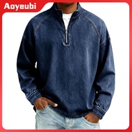 Aoyeubi Quarter Zip Vintage Sweatshirt Loose Fit Pullover Mens Vintage Denim Pullover Quarter Zip Sw