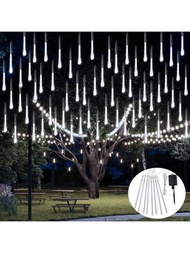 Luz de lluvia meteoro LED solar de 1 paquete, luz de jardín exterior impermeable, luces conjuntas de decoración navideña, de acción de gracias, Halloween, bodas y árboles de Navidad, de 30,48 cm con 8 tubos y 192 LED