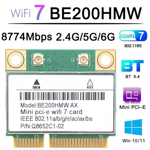 WiFi 7 Mini PCI-E WiFi Card BE200 BE200HMW 8774Mbps 2.4G/5G/6Ghz For Bluetooth 5.4 802.11BE Wireless