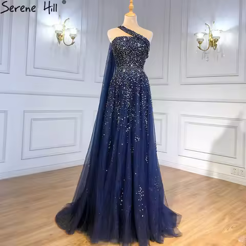 Customized Navy Blue One Shoulder Cape Sleeve Evening Dresses Gowns 2025 A-Line Beaded Luxury For Wo