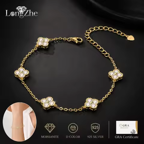 S925 Silver Moissanite Bracelet 3mm D Color VVS1 Five Clover Charm Chain 16.5+5cm White Gold Yellow 