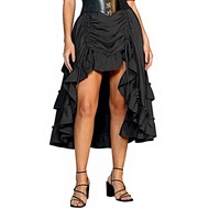 Women Goth Outfit Victorian Steampunk Ruffle Vintage Drawstring Layer High Low Skirt Long Bustle Ski