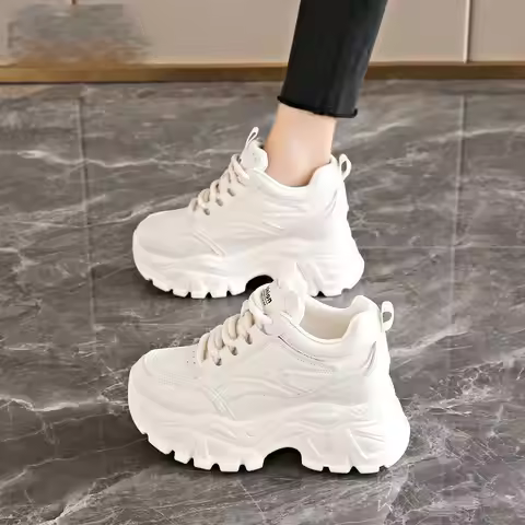 Spring Autumn Women's 8CM Thick Sole Lace Up Chunky Sneakers 2025 Casual Sports Shoes for Women Heig