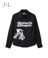 เสื้อเชิ้ตผู้หญิงลายหมี HYSTERIC GLAMOUR คอลเลกชั่นใหม่ ทรงหลวม แขนยาว ปกพับ ผ้าฝ้ายผสมสแปนเด็กซ์ ลำ