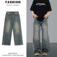 Baggy pants for men denim black korean fashion retro trend jeans straight cut pants buggy pants men
