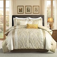 Finlonte Queen Size Comforter Set, Gold Beige Cream, 7 Piece Bed in a Bag for All Seasons, Luxury Vi