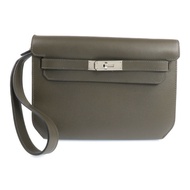 HERMES Evercolor皮革Kelly Depeches 25銀扣手拿包Vert Maquies