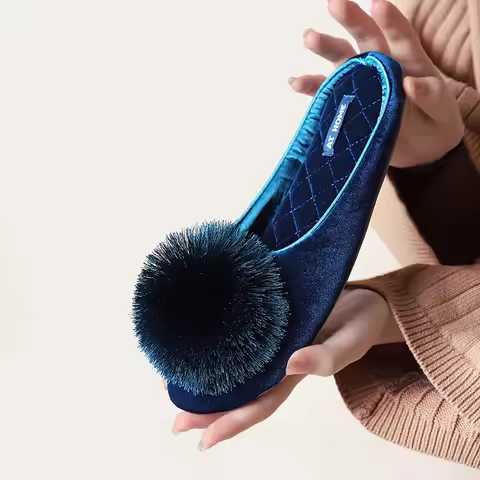 Women House Slippers Spring Autumn Warm Cute Pom-pom Cotton Slide Shose Non-Slip Soft Sole All-Seaso