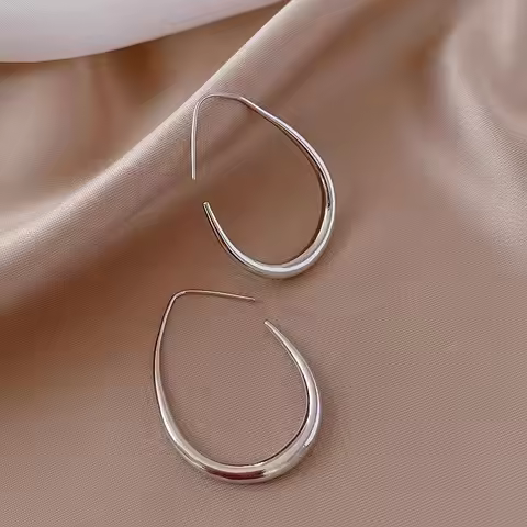 925 Sterling Silver Golden Ellipse Hoop Earrings For Women Ladies Wedding Engagement Female Jewelry 