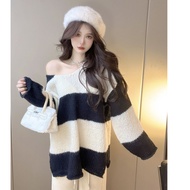 [Mall * 3 Colors] Korean Version Striped v-Neck Sweater Women Retro Lazy Style Autumn Winter Soft Knit Loose All-Match Top