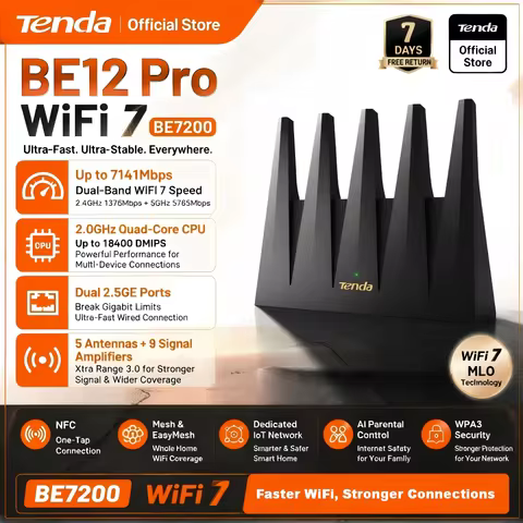 Tenda BE12 Pro WiFi 7 Router BE7200 7141Mbps Dual Band Dual 2.5G Ports Quad-Core CPU 5 Antennas Mesh
