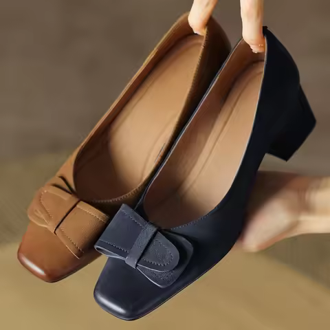 Plus size 34-42 women's sheepskin square toe slip-on pumps OL style 5cm thick med heel daily dress h