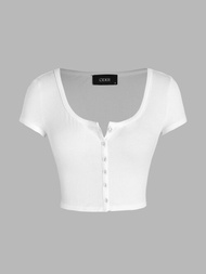 Cider KPOP Solid Square Neck Button Up Crop Top
