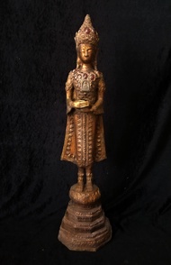 พระยืนอุ้มบาตรทรงเครื่อง เนื้อโลหะ ประดับอัญมณี กว้าง 8 สูง 26 นิ้ว. กรุวังหน้า วัดพระแก้ว วัดระฆัง 