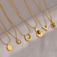 Golden Titanium Steel Necklace Collection Women Non-Fade Light Luxury High-End Feeling All-Match Clavicle Chain Fashionable Classy Sweater Chain Trendy Girls Necklace iu Cute Jewelry Wear Matching Accessories Gift Jewelry