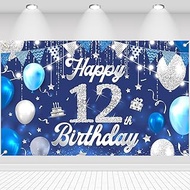 12th Birthday Decor Birthday Decoration Background Happy 12th Birthday Banner Blue Silver Flag Ballo